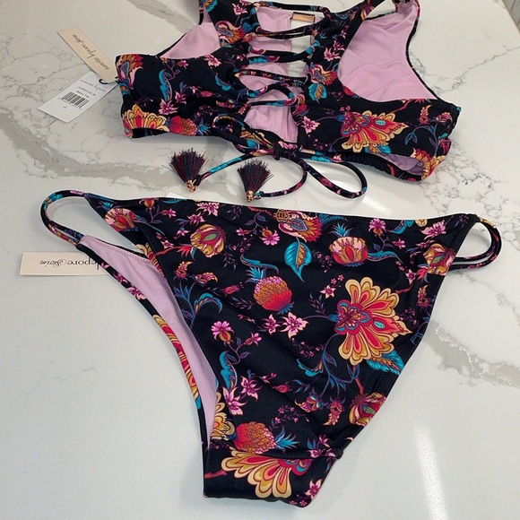 Nanette Lepore swim Bikini Floral print Black Aqua Pink 10 misses - Picture 5 of 12
